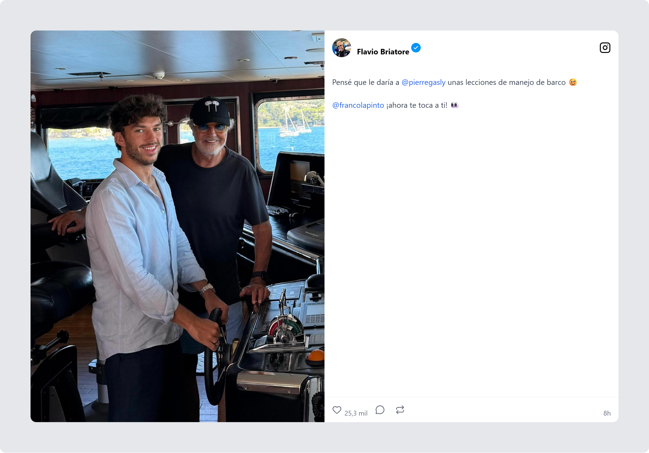 El empresario Flavio Briatore comparte una publicación en redes sociales junto al piloto de Fórmula 1 Pierre Gasly a bordo de una embarcación.