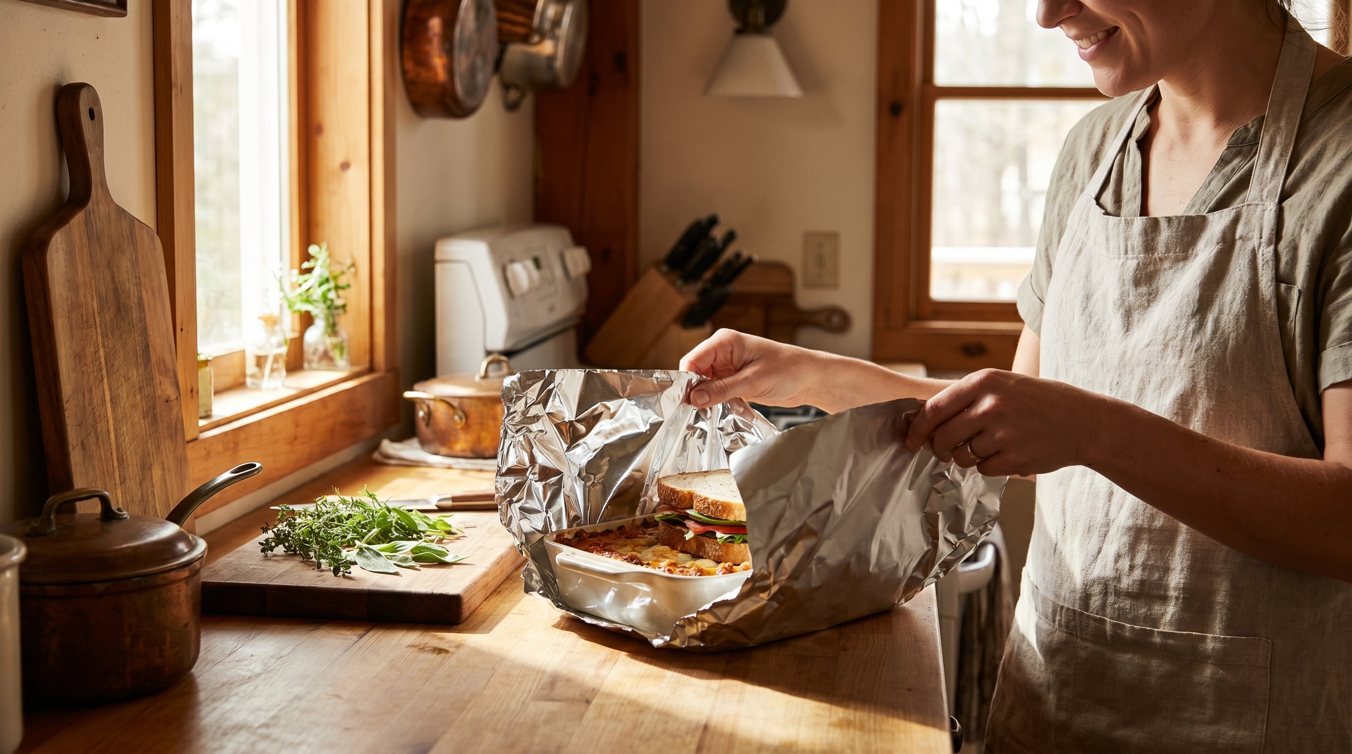 Una mujer sonriente envuelve cuidadosamente una bandeja de lasaña y un sándwich con papel de aluminio en una cocina doméstica, destacando la versatilidad de este material en la preparación y conservación de alimentos. (Imagen Ilustrativa Infobae)