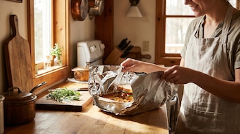 Una mujer envuelve una bandeja de lasaña y un sándwich con papel de aluminio en una cocina. Se observan hierbas frescas y una tabla de cortar en la encimera de madera.