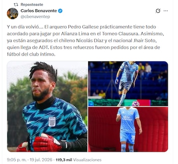 Post sobre la supuesta salida de Pedro Gallese del Deportivo Cali rumbo a Alianza Lima - crédito X
