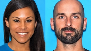 Dos retratos de frente sobre fondo azul que muestran a una mujer sonriente de cabello oscuro y a un hombre con barba y cabeza rapada