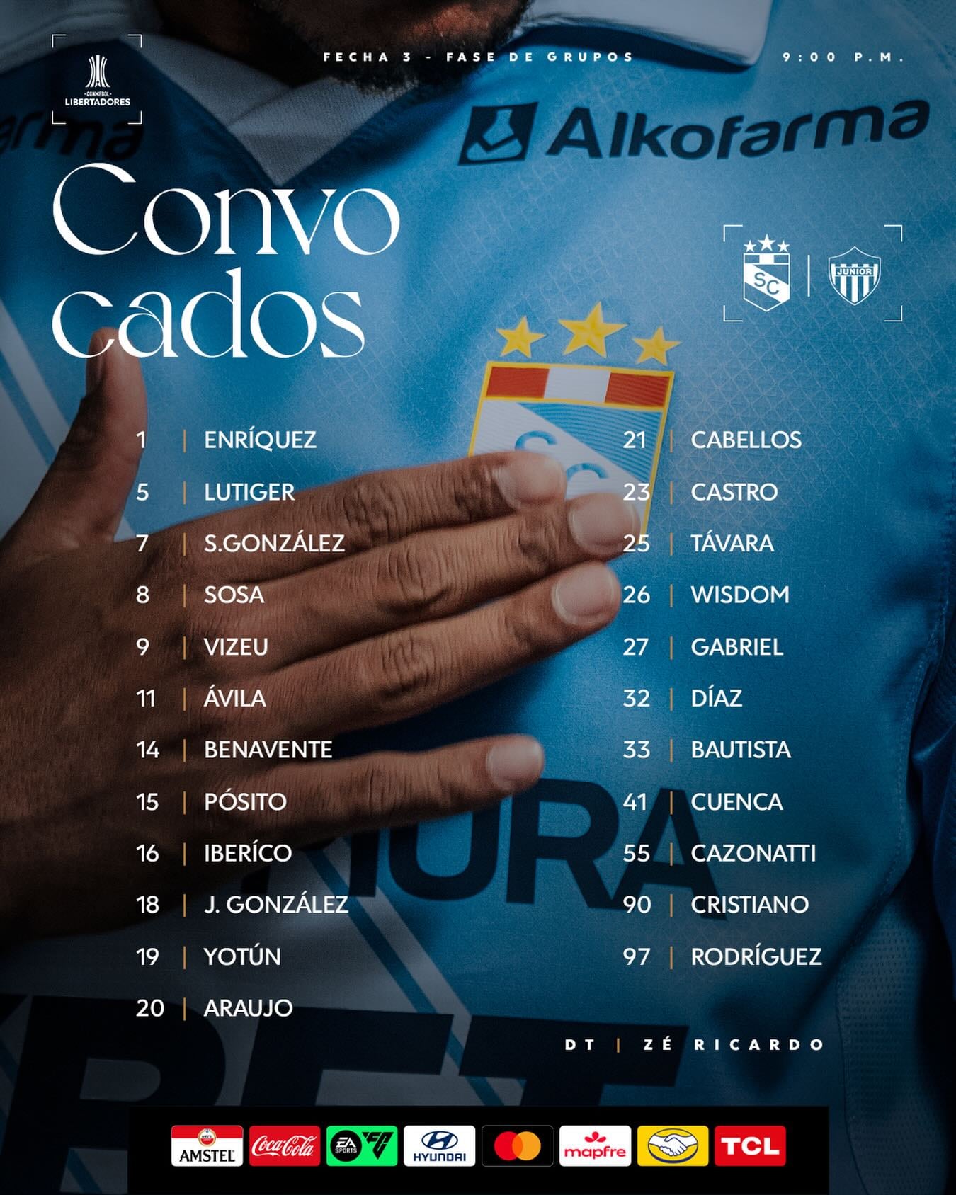 Os convocados do Sporting Cristal para o confronto com o Junior de Barranquilla. - crédito: Sporting Cristal