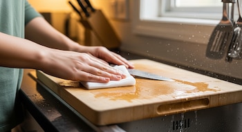 Manos de una persona limpiando una tabla de cortar de madera mojada con una toallita blanca sobre el fregadero de la cocina. Se ven salpicaduras de agua.