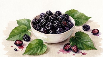 Un tazón cerámico blanco lleno de moras oscuras, rodeado de hojas verdes y frutos partidos sobre una superficie beige.