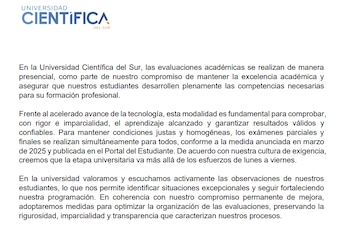 Mensaje oficial de la Universidad