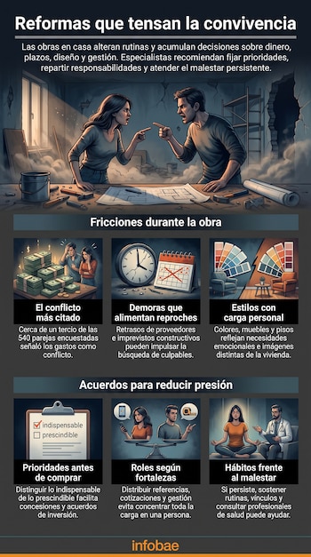 Infografía con título principal, una ilustración de una pareja discutiendo sobre un plano de vivienda y seis cuadros con texto e íconos.