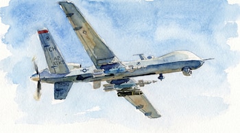 Una ilustración en acuarela muestra una aeronave no tripulada MQ-9A Reaper en vuelo, equipada con armamento bajo sus alas - crédito