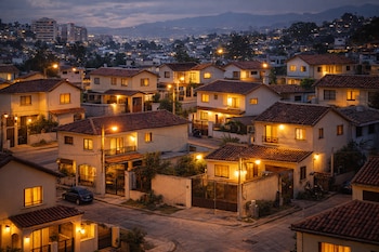 Vista aérea de un barrio residencial con casas beige y techos de teja rojiza, iluminadas al anochecer. Calles con farolas y la ciudad y montañas al fondo.