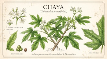 Dibujo botánico de una planta de chaya con esquemas de sus flores blancas, hojas verdes, fruto y semilla sobre fondo crema.