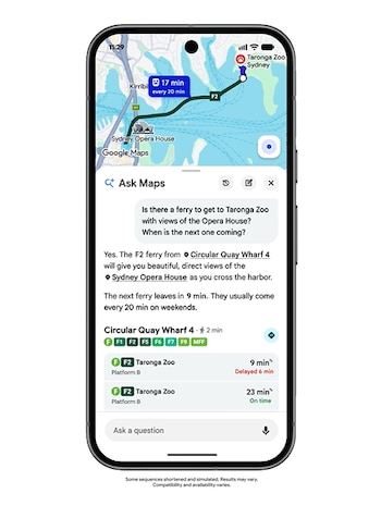 Smartphone negro con la aplicación Google Maps abierta, que muestra un mapa de Sídney, rutas de ferry, tiempos de viaje y mensajes de chat sobre horarios