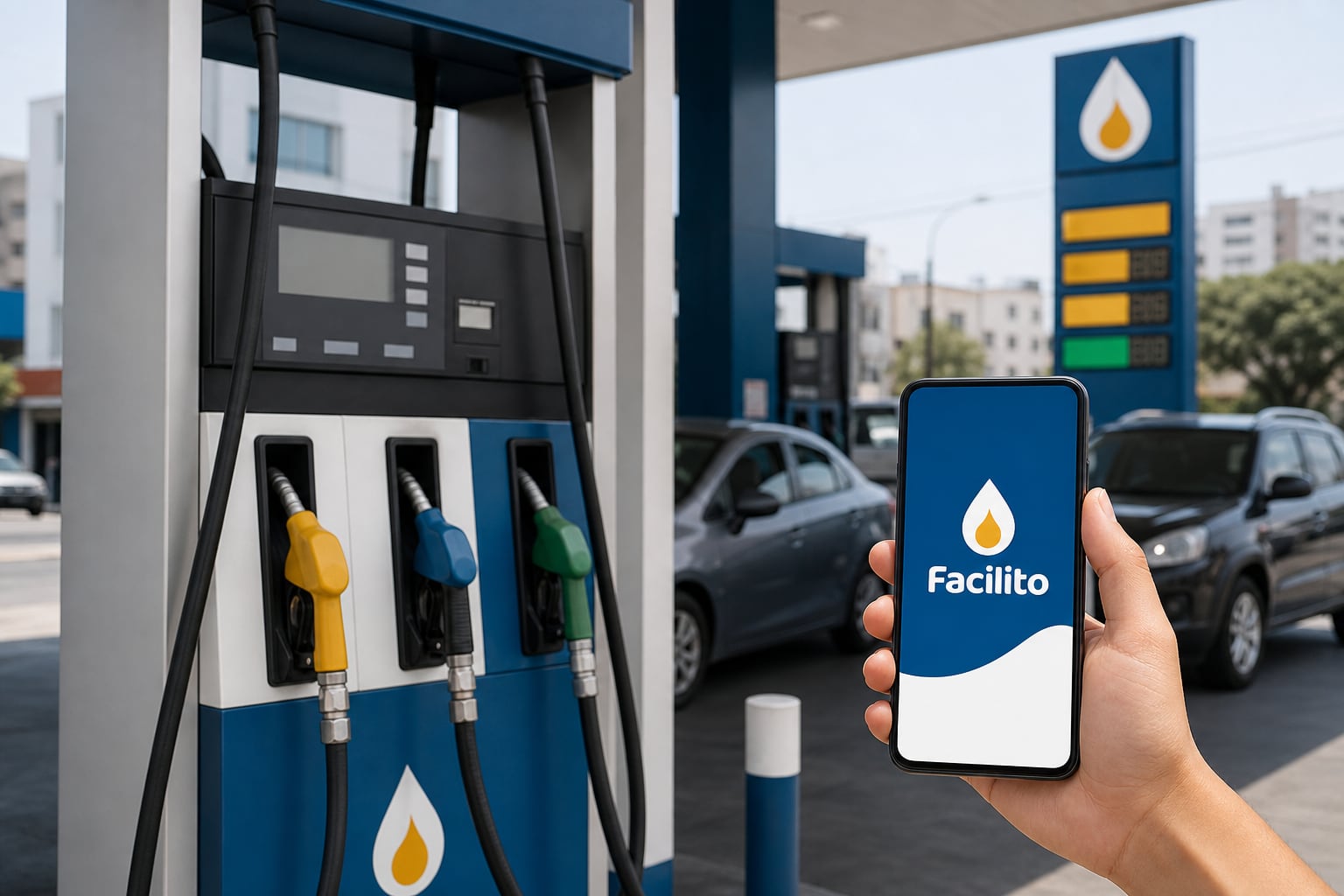 Un usuario consulta la plataforma Facilito en un teléfono móvil frente a un surtidor de combustible en una estación de servicio de Perú. (Imagen Ilustrativa Infobae)