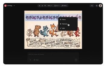 Captura de pantalla de una interfaz de edición que muestra una invitación de cumpleaños con animales del bosque. Se ve un menú contextual con opciones "Mover", "Eliminar" y "Editar"