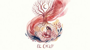 Acuarela de una mujer sentada bajo un árbol seco con una luna creciente, rodeada de formas orgánicas en tonos rojos, tierra y azul, y el texto 'EL CICLO'.