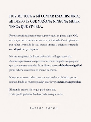 Documento de texto en párrafos oscuros sobre fondo claro, firmado por Fátima Bosch en la parte inferior