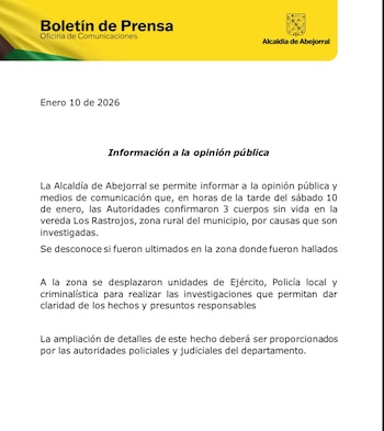 La Alcaldía de Abejorral confirmó