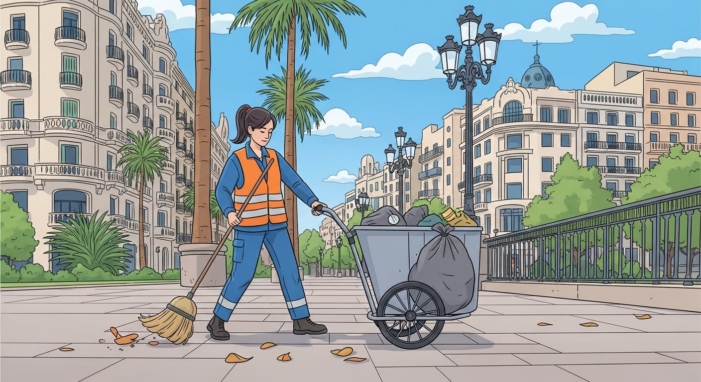 Una trabajadora de limpieza urbana, vestida con uniforme y chaleco reflectante, barre hojas caídas en una calle de Barcelona mientras empuja su carrito de basura en un día soleado. (Imagen Ilustrativa Infobae)