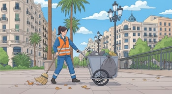 Ilustración de una barrendera en uniforme azul y chaleco naranja barriendo hojas en una acera de Barcelona, junto a su carrito de basura. Se ven edificios y palmeras.