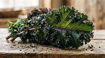 Hojas de col rizada verde y morada con nervaduras marcadas sobre una mesa de madera con semillas dispersas.