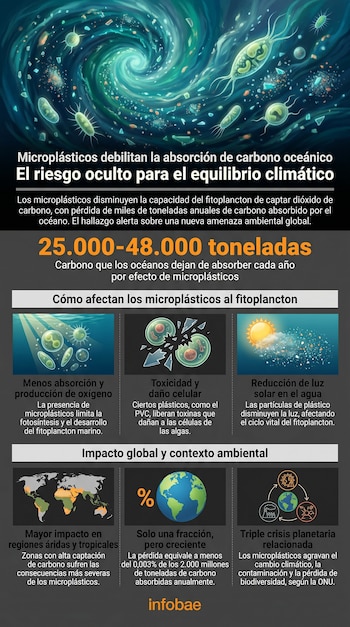 Infografía muestra un vórtice acuático con microplásticos y fitoplancton, detallando cómo estos afectan la absorción de carbono en los océanos y el clima.