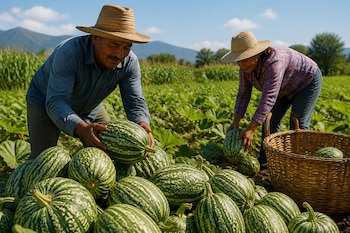 Un hombre y una mujer con sombreros de paja juntan chilacayotes verdes y veteados en un campo junto a una cesta de mimbre.