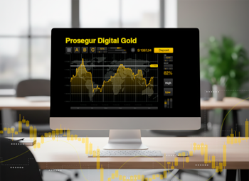 Monitor de ordenador, teclado y ratón sobre escritorio en oficina. Pantalla muestra la plataforma Prosegur Digital Gold con gráfico financiero y mapa mundial