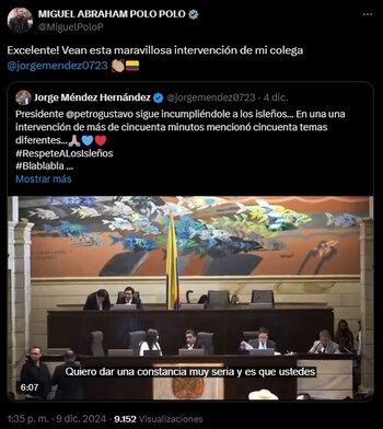 El congresista celebró la intervención