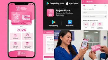 Collage mostrando la aplicación móvil Tarjeta Rosa en un smartphone, su descarga en tiendas de apps, pantallas de registro y una mujer recibiendo la tarjeta física.
