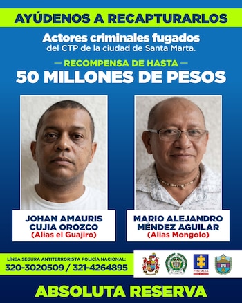 La Gobernación del Magdalena ofreció una recompensa de 50 millones de pesos por información para recapturar a alias Mongolo y alias El Guajiro - crédito Gobernación Magdalena