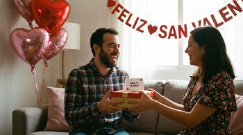 Hombre recibiendo un regalo de San Valentín en una sala decorada con globos y pancarta festiva