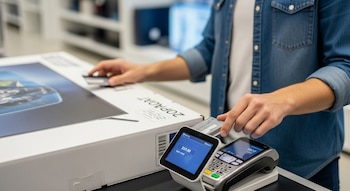 Primer plano de manos de una persona usando una tarjeta de crédito en un terminal POS para pagar una caja de televisor en una tienda de electrónica.