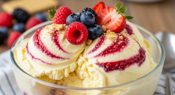 Primer plano de un cuenco de cristal con varias bolas de helado de cheesecake y un remolino rojo, coronado con frambuesas, arándanos y fresas.