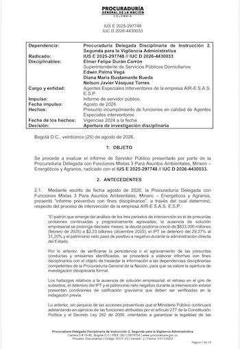 La investigación busca determinar si durante la administración estatal de la empresa se presentaron incumplimientos en el seguimiento, la gestión de recursos, los reportes regulatorios y la búsqueda de una solución empresarial - crédito Procuraduría General de la Nación