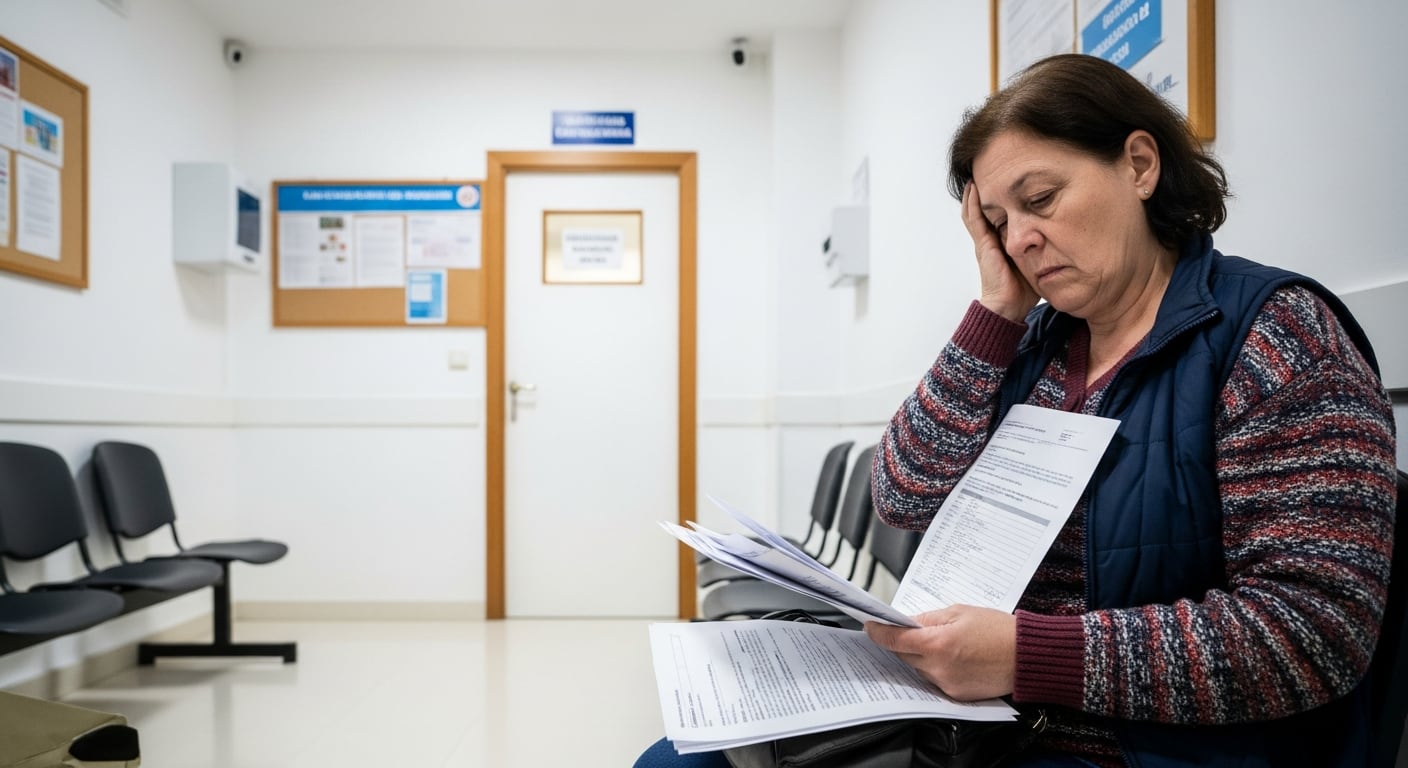 Una paciente espera con documentación para gestionar su baja laboral en la sala de un centro de salud público español. (Imagen Ilustrativa Infobae)