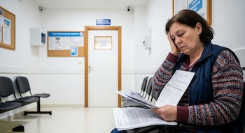 Mujer adulta sentada en sala de espera, sostiene papeles y toca su frente. Paredes blancas, sillas, tablones informativos y puerta visible.