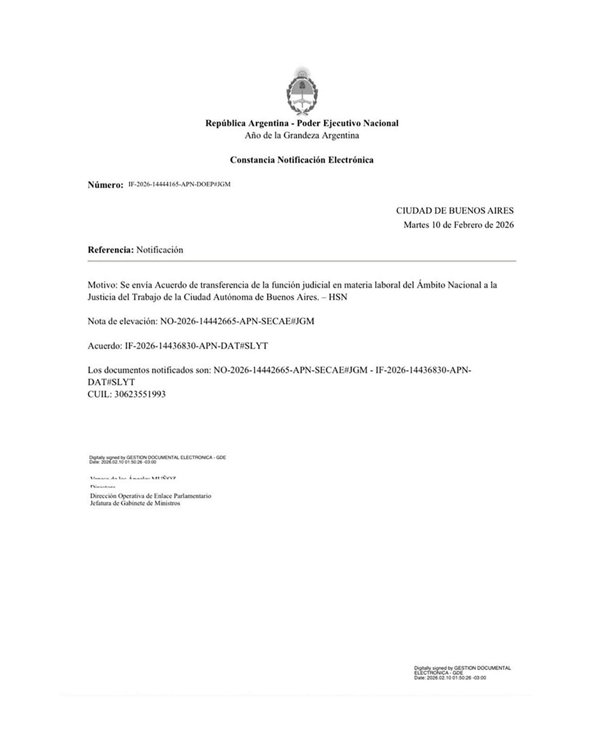 Una notificación electrónica del Poder Ejecutivo Nacional de Argentina detalla el acuerdo de transferencia de la función judicial en materia laboral al ámbito de la Ciudad Autónoma de Buenos Aires, con fecha 10 de febrero de 2026. (.)