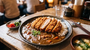 Plato de curry con arroz y filete empanado troceado, acompañado por un cuenco de sopa de miso y encurtidos sobre una mesa de madera.