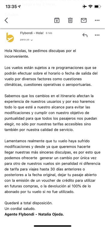 Mail de Flybondi donde informa