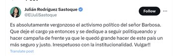 Julián Rodríguez SastoqueJulián Rodríguez Sastoque criticó al fiscal Francisco Barbosa por cuestionar al presidente Gustavo Petro y compararlo con Pablo Escobar - crédito @ElJuliSastoque/X