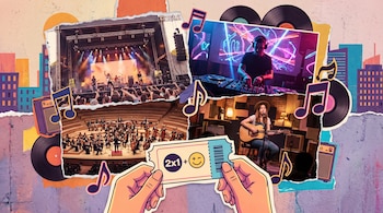 Collage con imágenes de conciertos: banda de rock, DJ, orquesta sinfónica, cantante acústica; manos sujetan un boleto 2x1; discos, notas musicales, edificios.