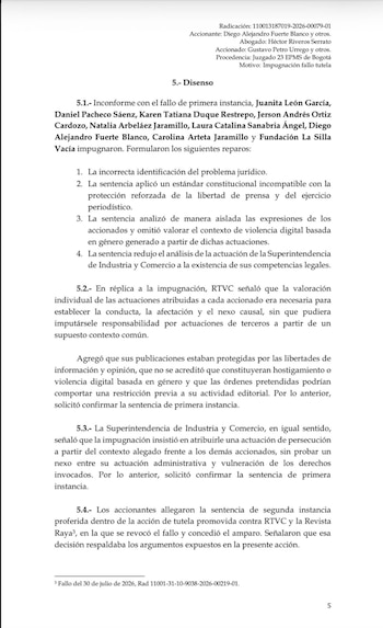 La Fundación La Silla Vacía, León y varios periodistas acudieron a la tutela tras considerar que declaraciones, publicaciones y actuaciones atribuidas a los demandados buscaban desacreditar al medio y a sus integrantes - crédito Tribunal Superior de Bogotá