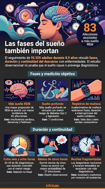 Infografía con ilustraciones de una persona durmiendo, relojes, gráficos de fases del sueño y textos informativos sobre el descanso nocturno.
