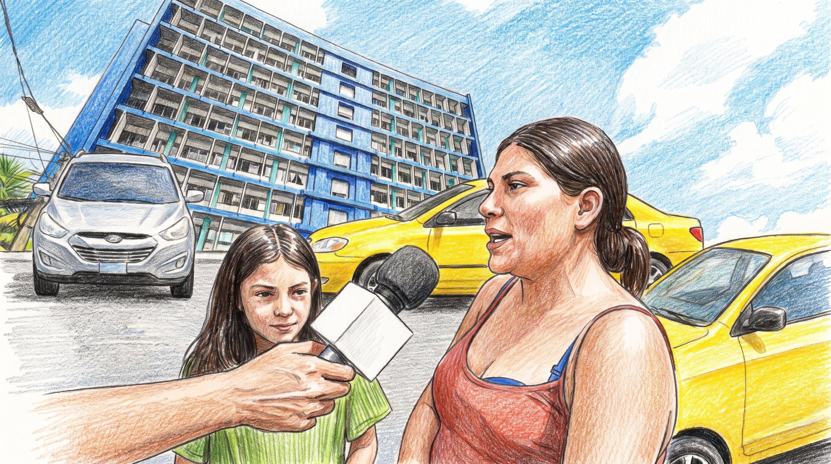 Una mujer responde a una entrevista periodística en las inmediaciones de un edificio hospitalario acompañada por una niña. (Imagen Ilustrativa Infobae)