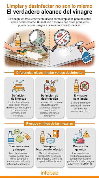 Infografía sobre limpiar y desinfectar con ilustraciones de vinagre, esponja, microorganismos, desinfectante, cepillo, cloro, bicarbonato y símbolos de advertencia.