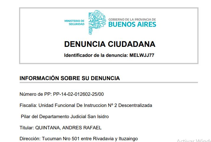 La denuncia penal por usurpación de la csaa del country fue presentada ante la Unidad Funcional De Instrucción Nº 2 Descentralizada Pilar del Departamento del Departamento Judicial San Isidro