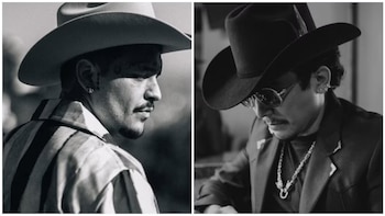 Fotografía en blanco y negro de dos hombres con sombreros de vaquero. A la izquierda, Christian Nodal de perfil. A la derecha, Edwin Luna con gafas de sol y collar