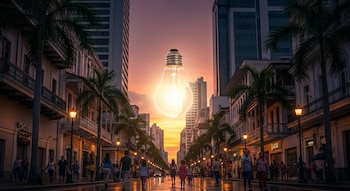 Vista de una calle concurrida en Ciudad de Panamá al atardecer, mostrando edificios, palmeras, personas y un foco brillante flotando en el cielo naranja.