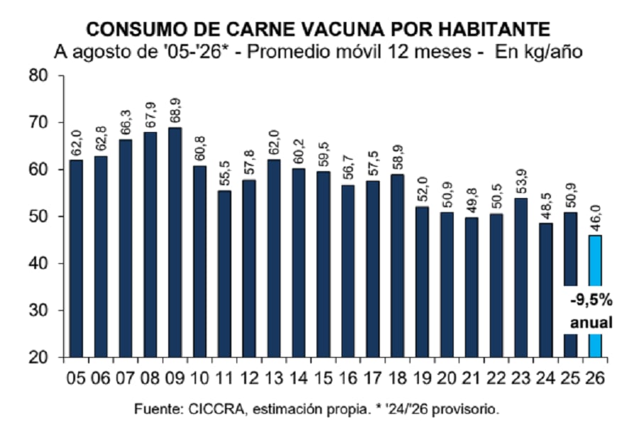En lo que va de 2026, el consumo de carne vacuna en la Argentina alcanzó uno de sus niveles más bajos de los últimos años (CICCRA)