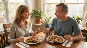 Hombre y mujer adultos sentados frente a frente en una mesa de comedor, comiendo platos con pollo a la parrilla, arroz, espárragos y pimientos.