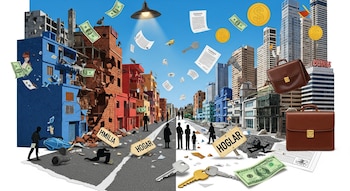 Ilustración de ciudad mexicana dividida: viviendas deterioradas (izquierda), torres de lujo (derecha). Billetes, llaves y contratos flotan; personas y carteles de 'hogar' en el centro.