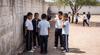 Varios niños en uniforme escolar están en un patio de tierra junto a una pared de concreto, mientras uno señala a otro.